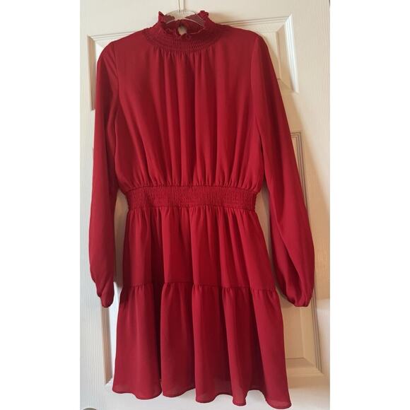 Shinestar Balloon Sleeve Tiered Red Dress High Neck Smocked Waist Line Womens XL - Picture 1 of 9